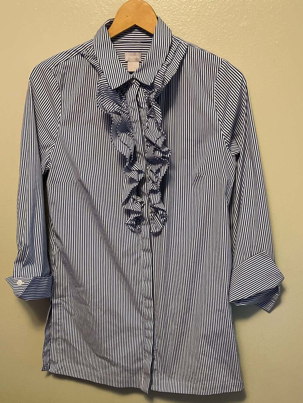 Chico's‎ No Iron Ruffle Front Striped Poplin Tunic, Sz.1, Hamptons Style